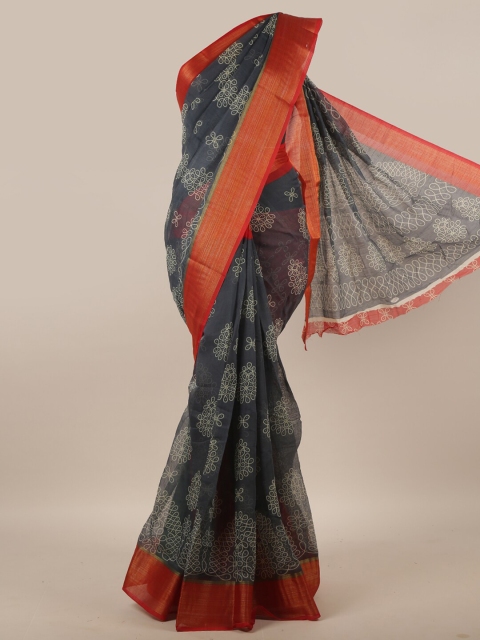 

Pothys Grey & Red Ethnic Motifs Zari Saree