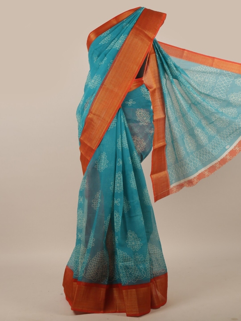 

Pothys Blue & Gold-Toned Geomatric Printed Zari Border Saree