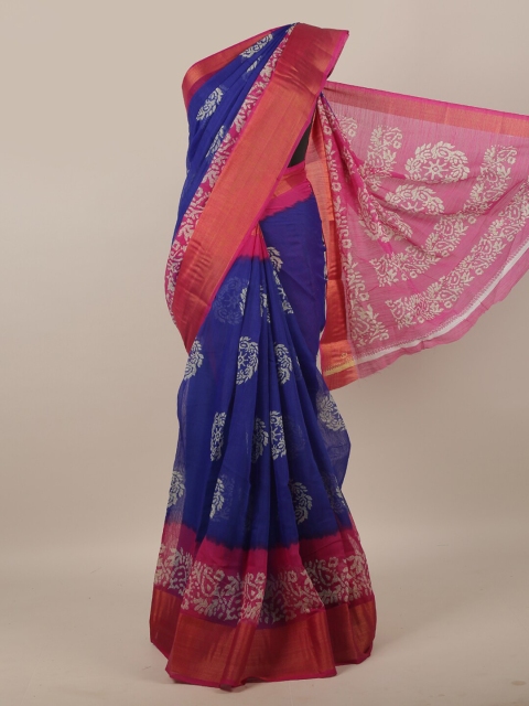 

Pothys Blue & Pink Ethnic Motifs Zari Cotton Blend Saree