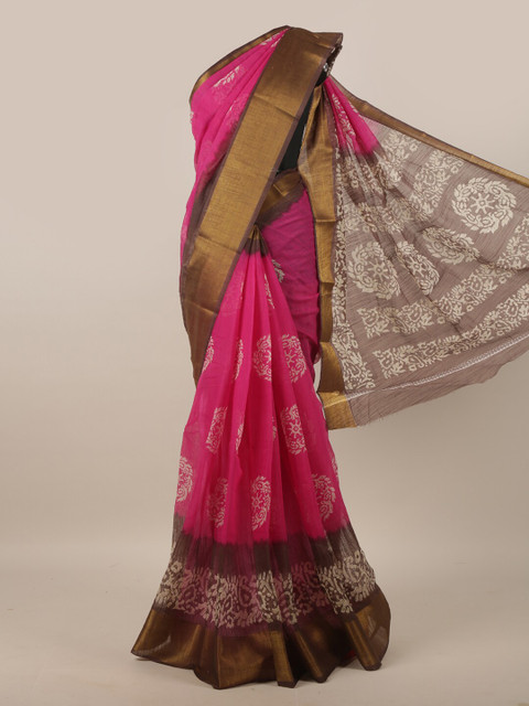 

Pothys Pink & Brown Ethnic Motifs Cotton Blend Saree