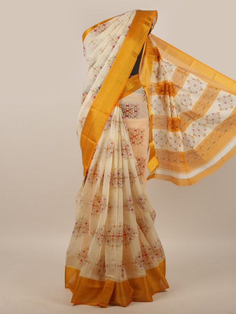 

Pothys Cream-Coloured & Yellow Printed Cotton Blend Saree