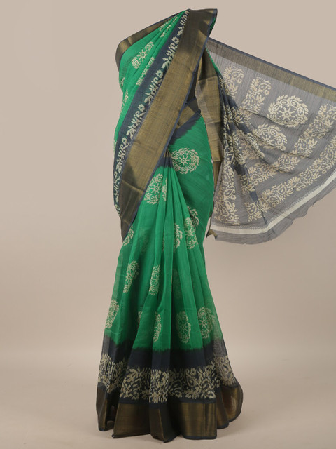 

Pothys Green & Navy Blue Ethnic Motifs Printed Zari Saree
