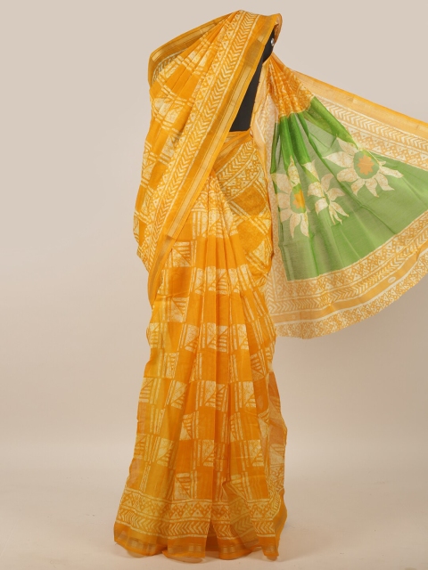 

Pothys Yellow & White Batik Printed Zari Saree