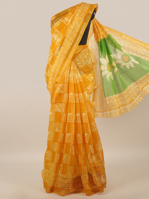 

Pothys Mustard & Cream-Coloured Printed Zari Saree