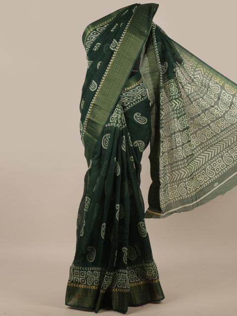 

Pothys Green & Gold-Toned Paisley Printed Zari Border Saree