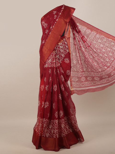 

Pothys Maroon & White Cotton Blend Floral Zari Saree