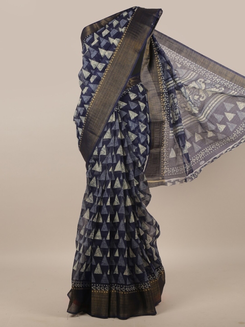 

Pothys Blue & Gold-Toned Printed Zari Border Saree