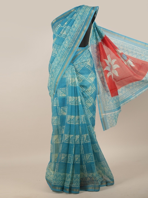 

Pothys Blue & White Geometric Printed Zari Saree