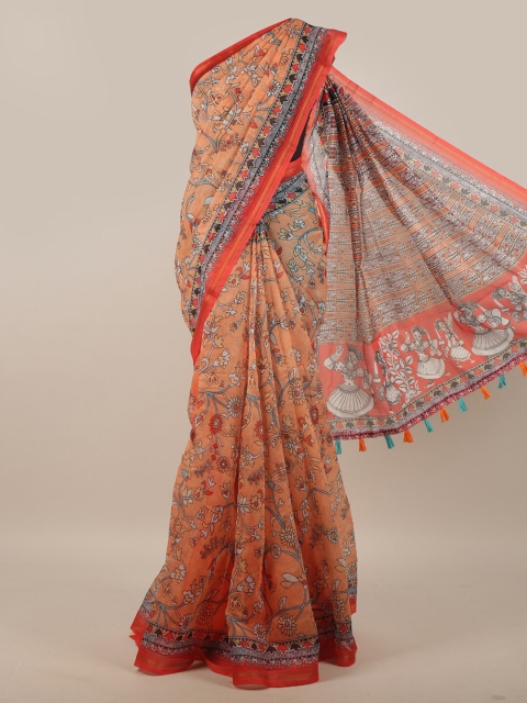 

Pothys Peach-Coloured & Orange Floral Printed Zari Jute Silk Saree