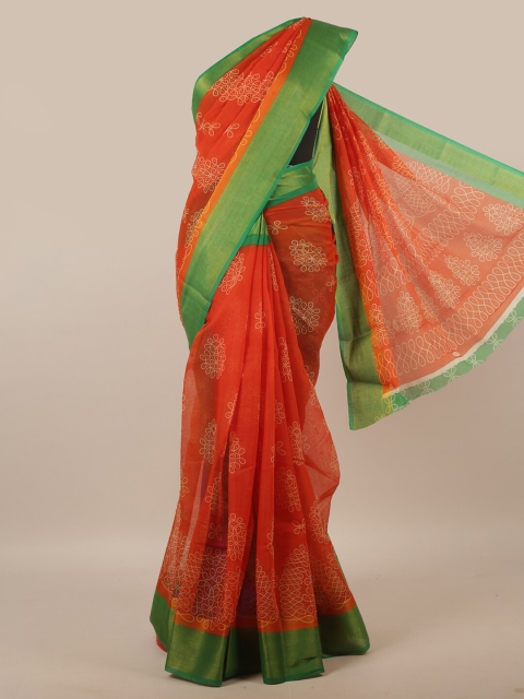 

Pothys Orange & Green Zari Cotton Blend Saree