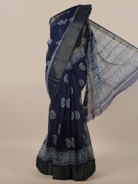 

Pothys Navy Blue & Gold-Toned Paisley Zari Border Saree