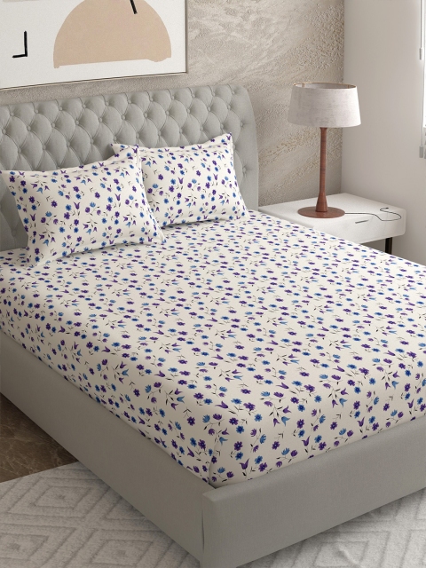 

EverHOME White & Blue Floral 144 TC Queen Bedsheet with 2 Pillow Covers