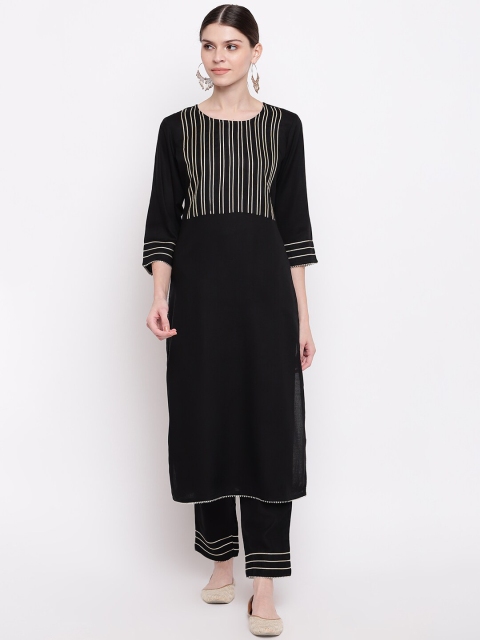 

Palakh Women Black Striped Regular Kurta with Skirt