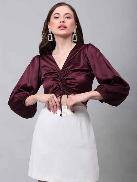 

NEUDIS Women Maroon Satin Regular Crop Top