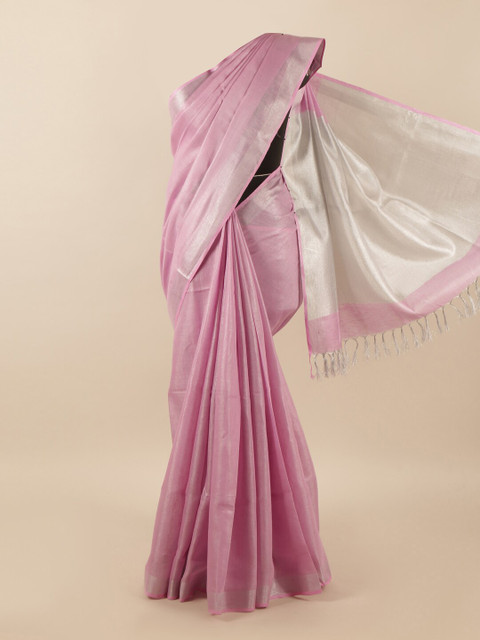 

Pothys Pink & Silver-Toned Zari Linen Blend Saree
