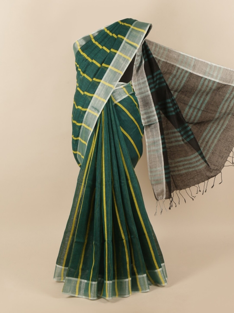 

Pothys Green & Yellow Striped Zari Linen Blend Saree