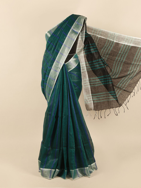 

Pothys Green & Blue Striped Zari Linen Blend Saree