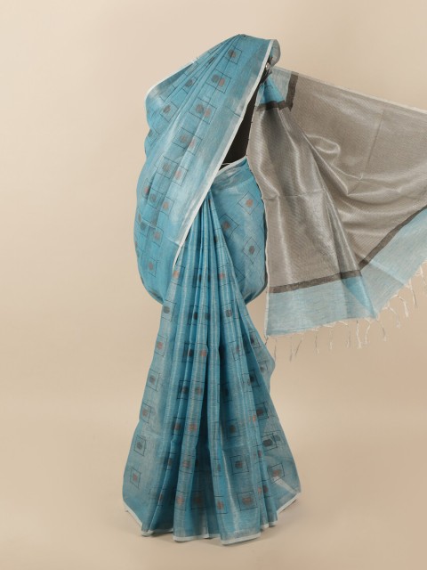 

Pothys Blue & Silver-Toned Woven Design Zari Linen Blend Saree