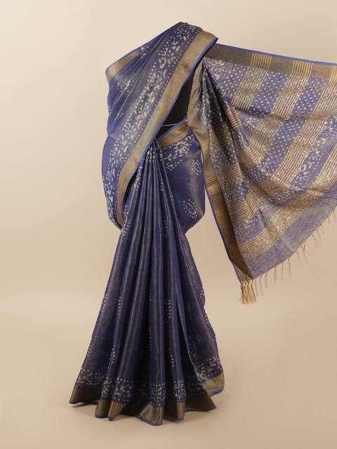 

Pothys Blue & Gold-Toned Floral Zari Linen Blend Saree