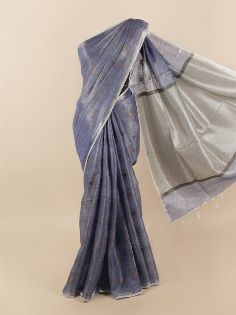

Pothys Blue & Grey Zari Linen Blend Saree