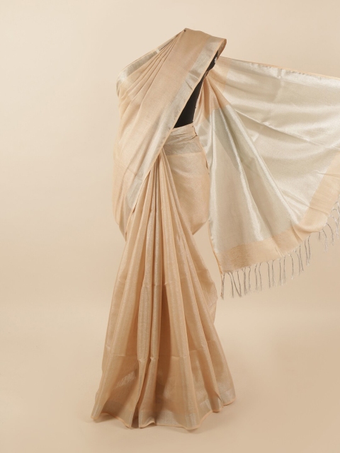

Pothys Peach-Coloured & Silver-Toned Zari Linen Blend Saree