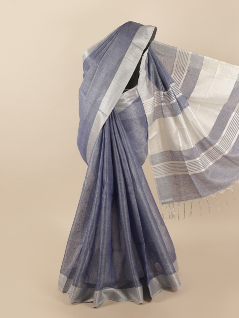 

Pothys Blue & Silver-Toned Zari Linen Blend Saree