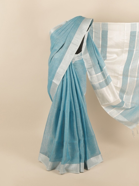 

Pothys Blue & Silver-Toned Zari Linen Blend Saree