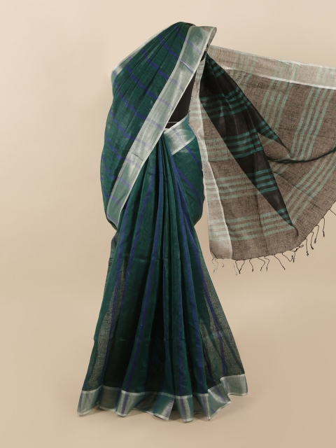 

Pothys Green & Blue Striped Zari Linen Blend Saree
