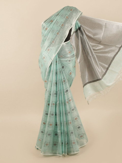 

Pothys Blue & Grey Printed Zari Linen Blend Saree