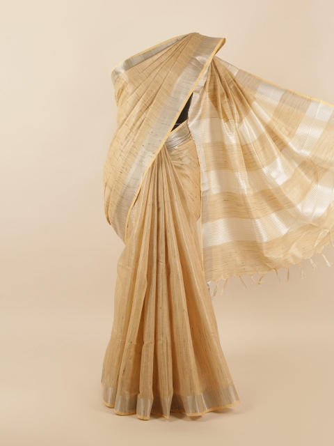 

Pothys Peach-Coloured & Silver-Coloured Zari Linen Blend Saree