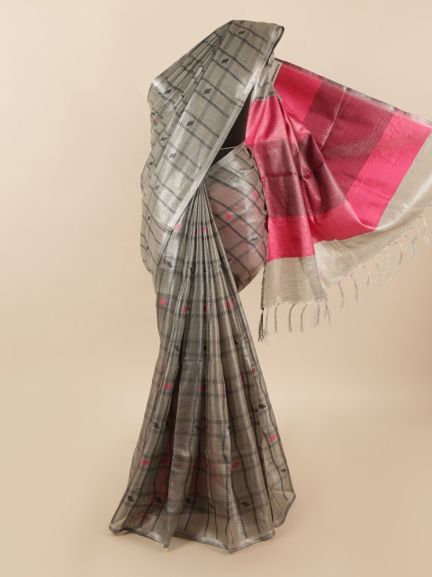 

Pothys Grey & Pink Checked Zari Linen Blend Saree