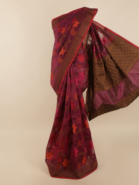 

Pothys Magenta & Brown Woven Design Supernet Saree