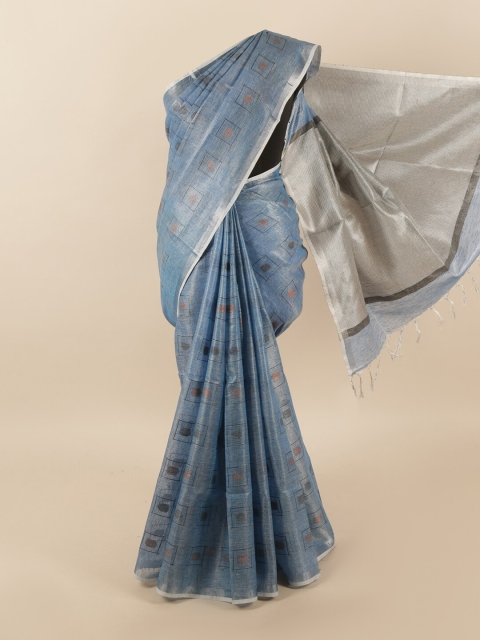 

Pothys Blue & Grey Zari Linen Blend Saree