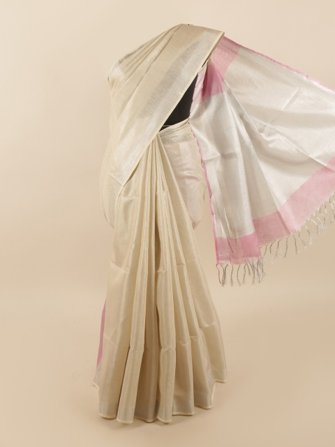 

Pothys Cream-Coloured & Silver-Toned Zari Linen Blend Saree