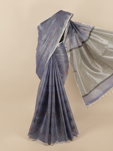 

Pothys Blue & Grey Zari Linen Blend Saree