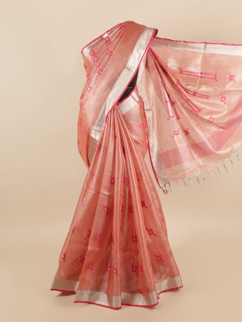 

Pothys Pink & Silver Woven Design Zari Linen Blend Saree