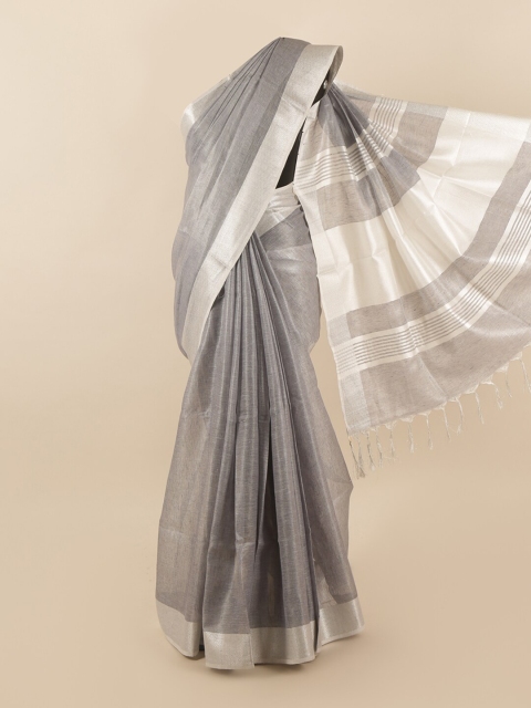 

Pothys Grey & Silver-Toned Zari Border Linen Blend Saree