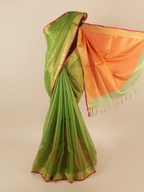 

Pothys Green & Orange Zari Linen Blend Saree