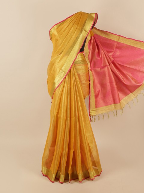 

Pothys Mustard & Pink Zari Linen Blend Saree