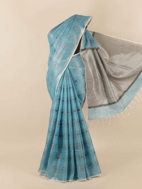 

Pothys Blue & Grey Zari Linen Blend Saree