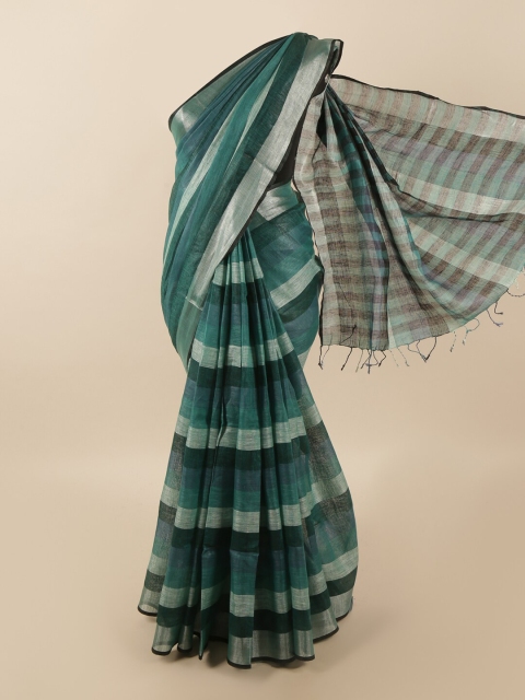 

Pothys Green & Black Striped Zari Linen Blend Saree