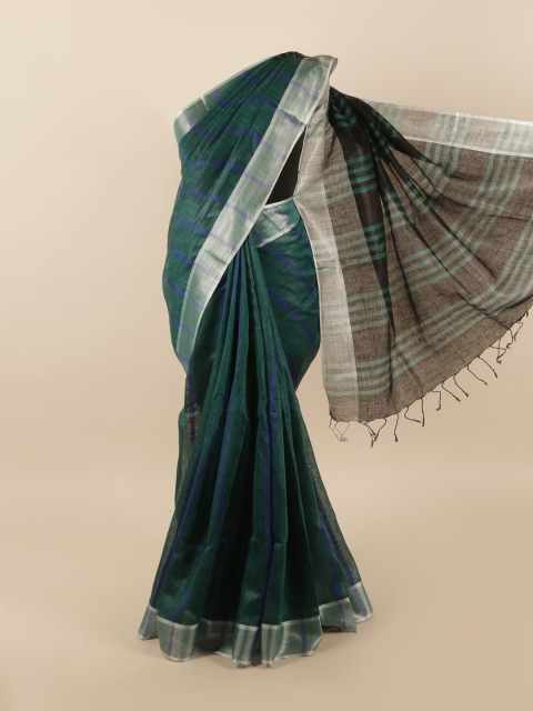 

Pothys Green & Blue Striped Zari Linen Blend Saree