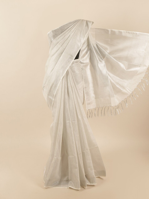 

Pothys Silver-Toned Solid Zari Border Linen Blend Saree
