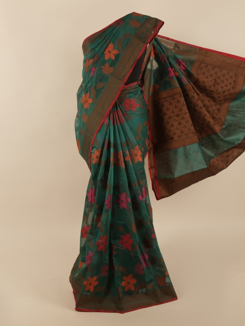 

Pothys Green & Orange Floral Supernet Saree