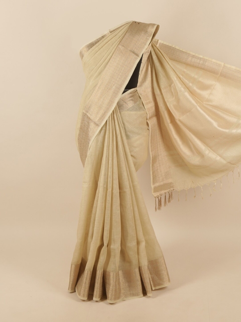 

Pothys Cream-Coloured & Gold-Toned Linen Blend Saree