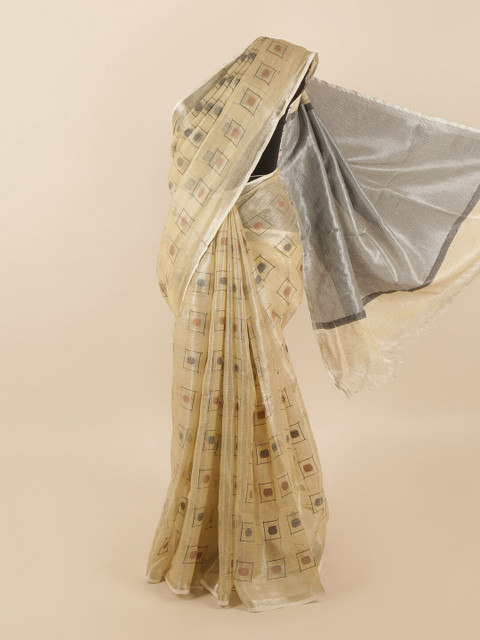 

Pothys Cream-Coloured & Grey Zari Linen Blend Saree