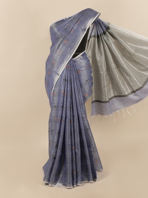 

Pothys Blue & Grey Zari Linen Blend Saree