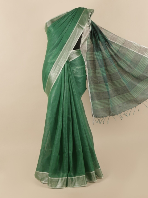 

Pothys Green & Silver-Coloured Zari Linen Blend Saree