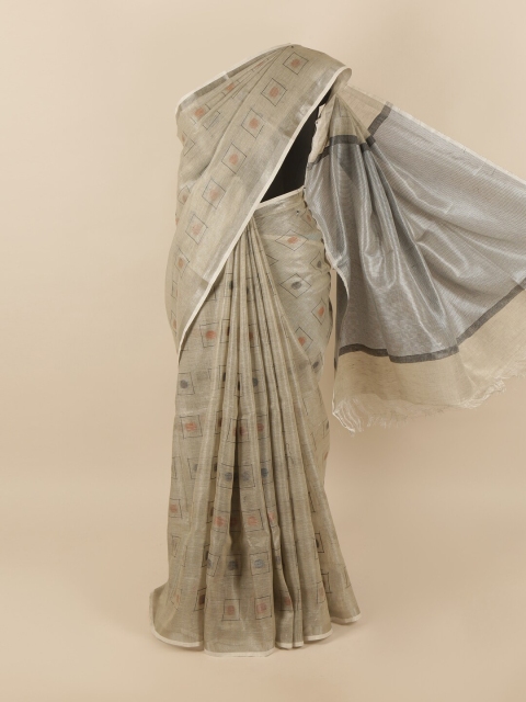 

Pothys Grey & Silver-Toned Woven Design Zari Linen Blend Saree