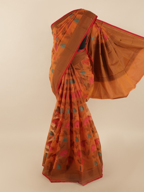 

Pothys Orange & Brown Floral Supernet Saree